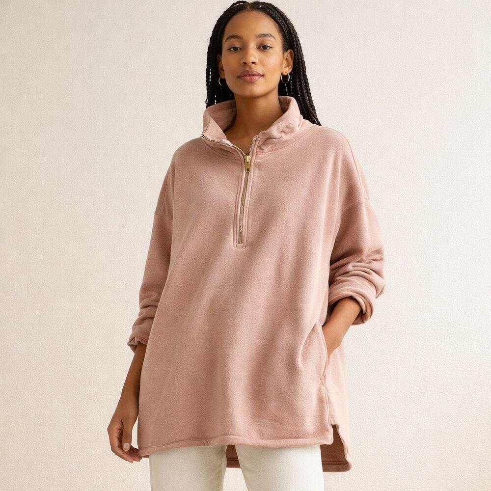 J. Crew University Terry Long Half-Zip Tunic Sweatshirt – Blush Pink – Size XL